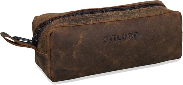 STILORD 'Linus' Pencil Case Leather Pen Case Pouch Office University College Women Men Stationary Vintage Leather, Colour:Colorado - Brown
