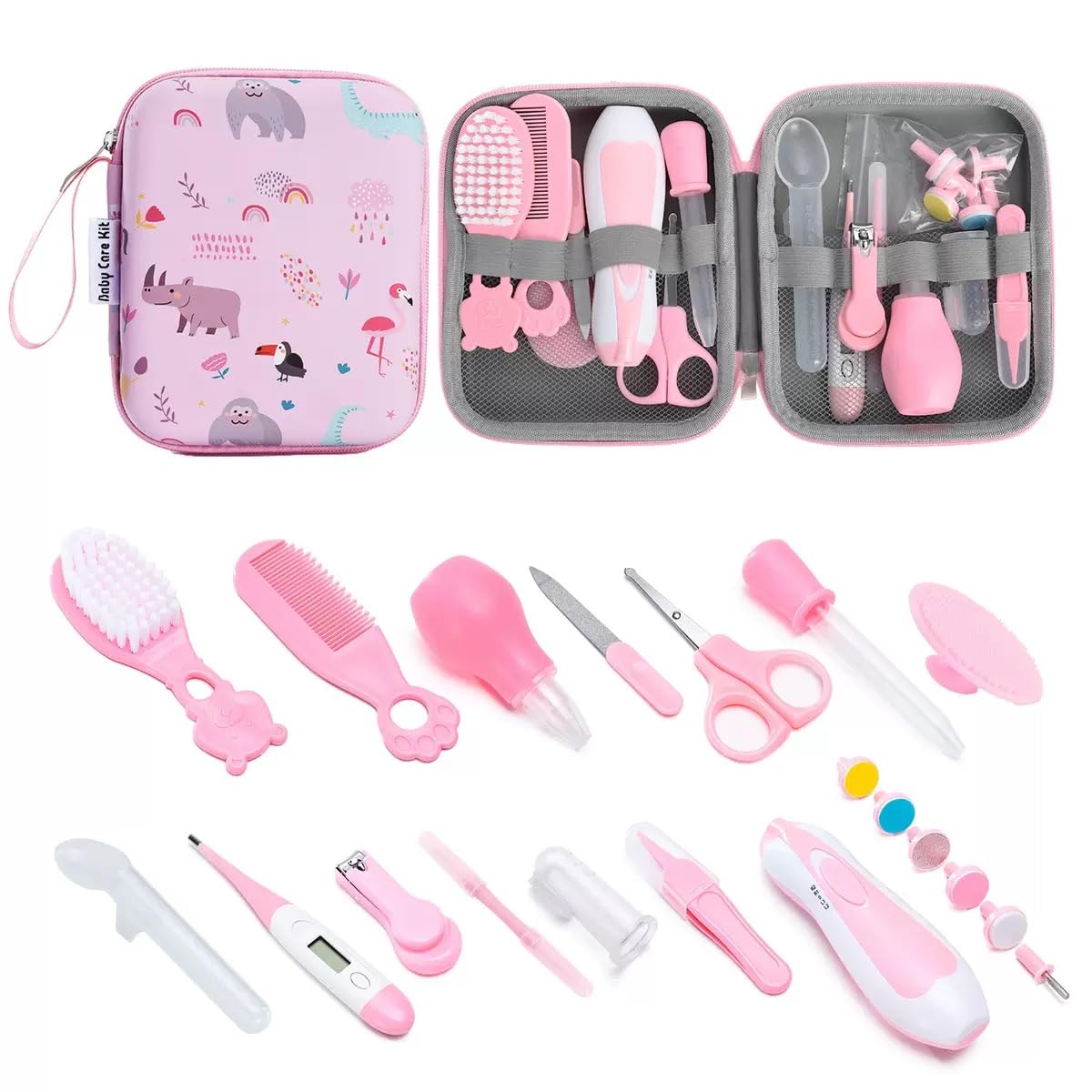 Baby Grooming kit Healthcare Set Newborn Nursery Care Nail Clipper Scissors Thermometer Hair Brush Comb Nasal Aspirator Finger Toothbrush Baby Essentials Gift Girls Boys (Pink)
