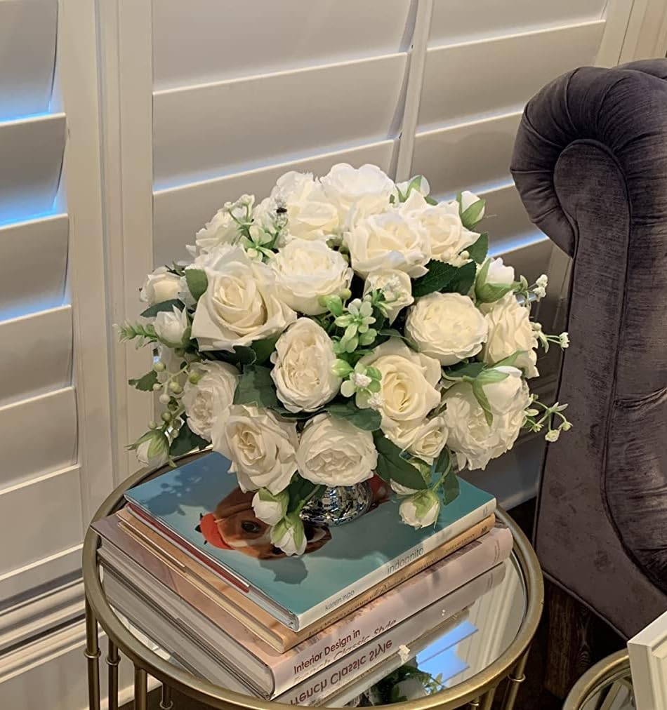 4 bundles artificial peonies silk flowers, white faux peony bouquet florals arrangements decor for farmhouse home boho wedding table centerpiece, fake plastic flowers bulk vase decoration (white) white 4pcs
