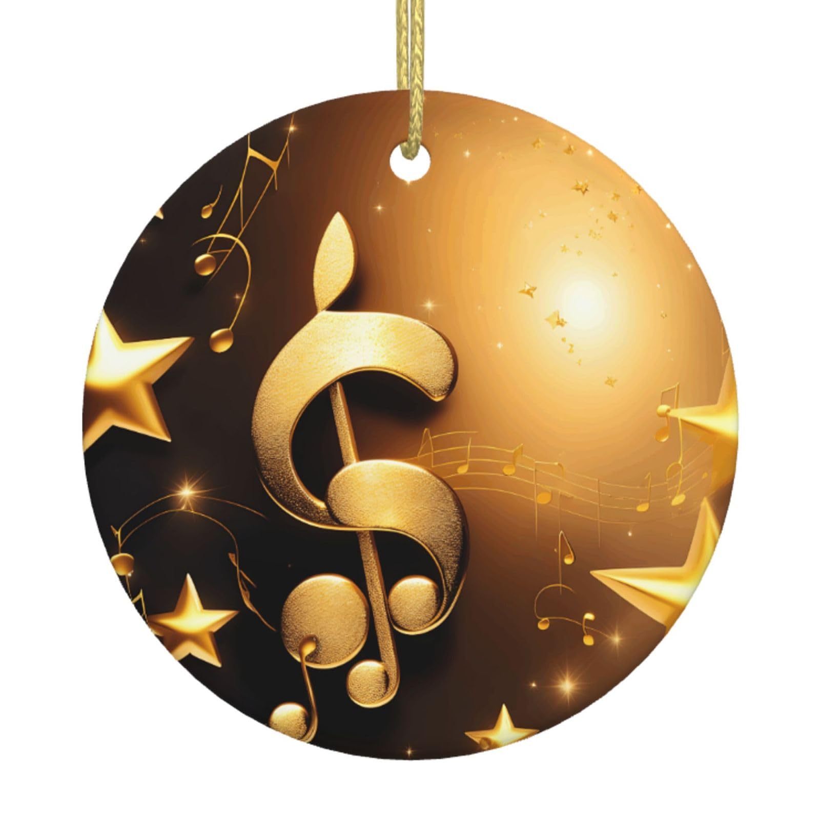 Gold Musical Note With Fallen Shiny Star Print Christmas Ornaments, Ceramic Hanging Ornament, Round Shape Decorations