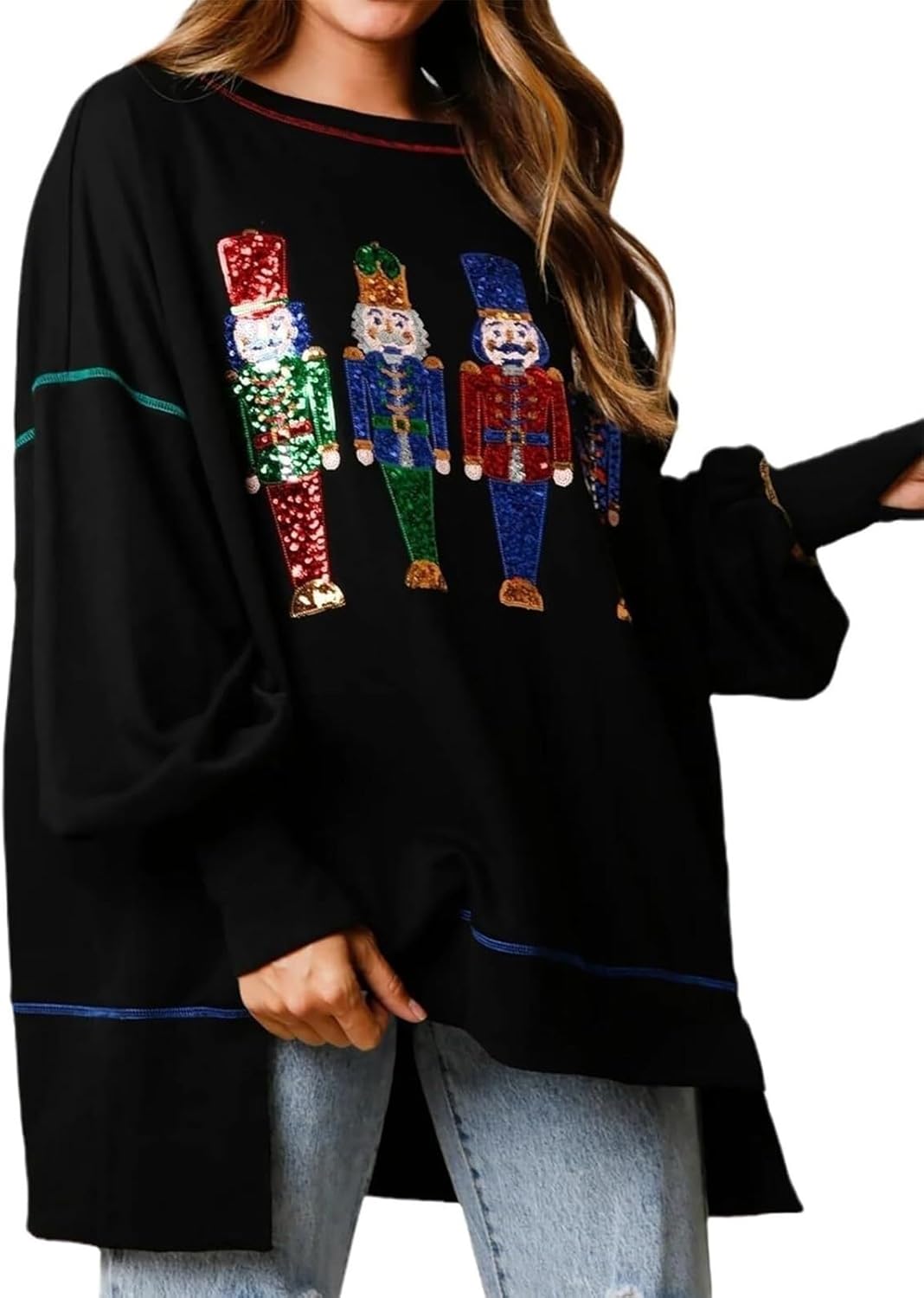 Women Sequin Christmas Sweater Long Sleeve Pullover