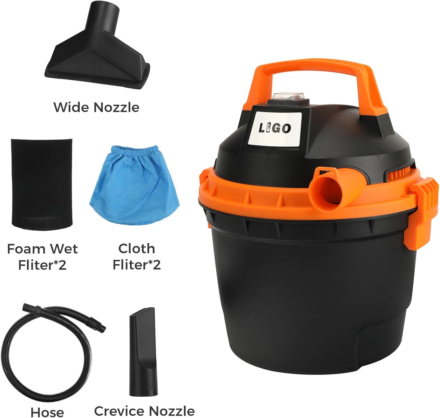 LIGO Shop Vacuum Wet and Dry, Mini Shop Vac with Accessories, 2.11 Gallon, 2HP, Handheld Vacuum for Garage, Home and Pet