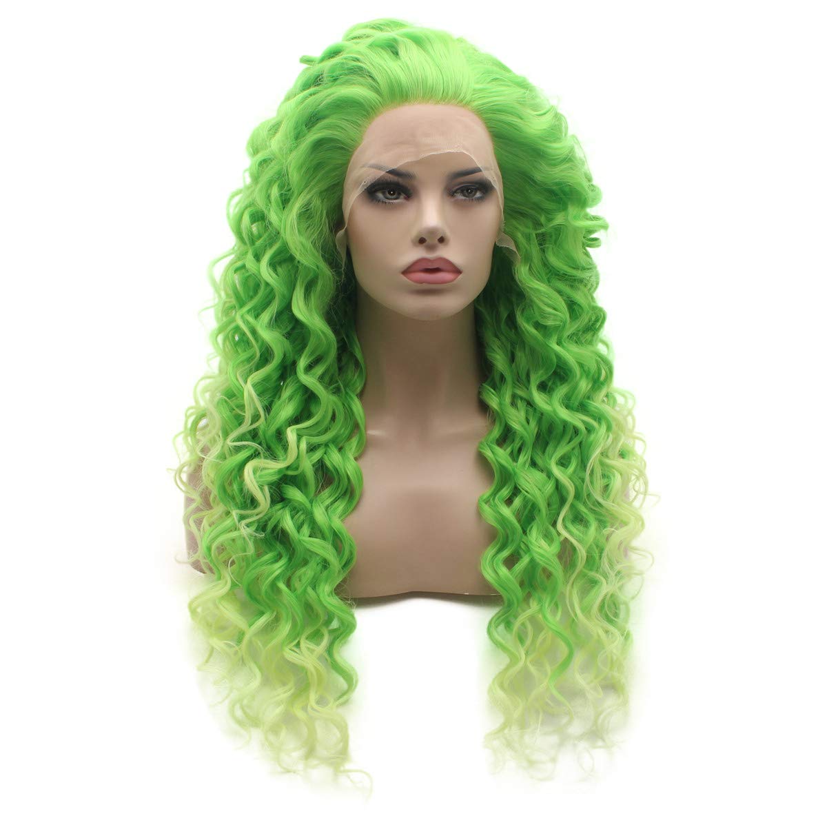 Lushy Kinky Curly Long 26inch Green Root Light Green Ombre Wig Heavy Density Heat Resistant Synthetic Lace Front Wig