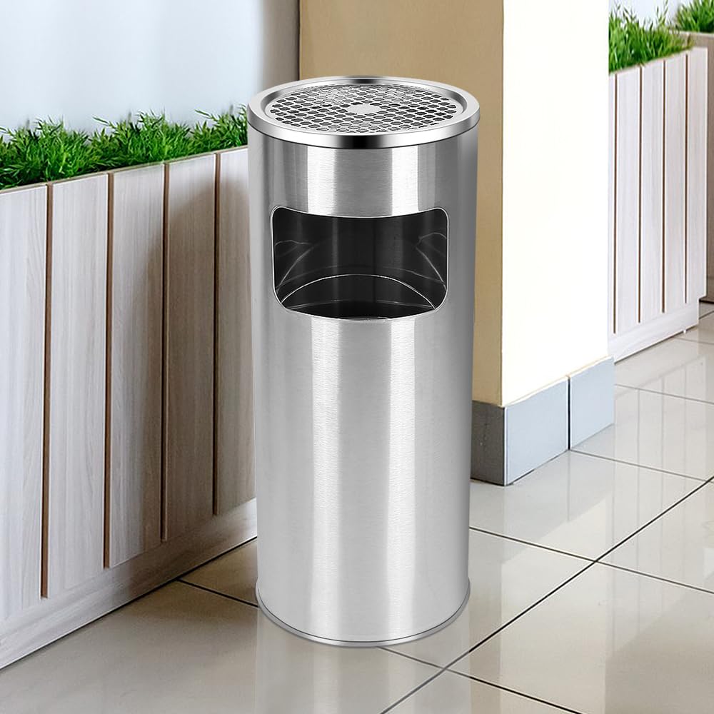 OHMG Mülleimer für den Garten, 30 l, abnehmbarer Aschenbecher auf Standfuß aus Edelstahl, runder Mülleimer mit Mülleimer und Inneneimer, für Innen/Außenbereich, kommerziell (25 x 25 x 60 cm (Silber)