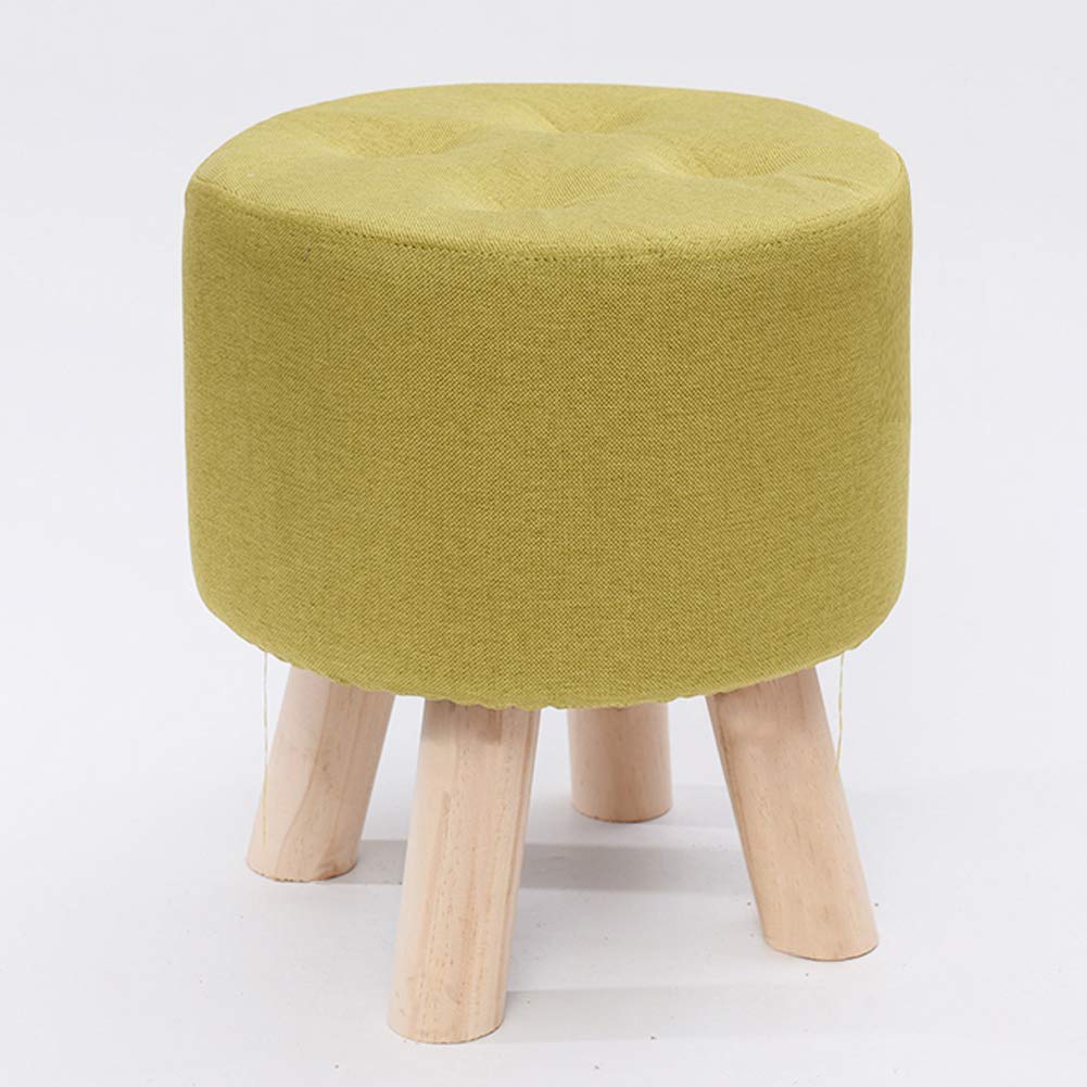 HMTE Pouf in Legno, Sgabello Imbottito con poggiapiedi Rotondo in Lino con 4 Gambe in Legno, Sgabello Piccolo per Soggiorno, Camera da Letto, Giardino, Nero 31x31x35 cm (Giallo 31x31x28 cm)