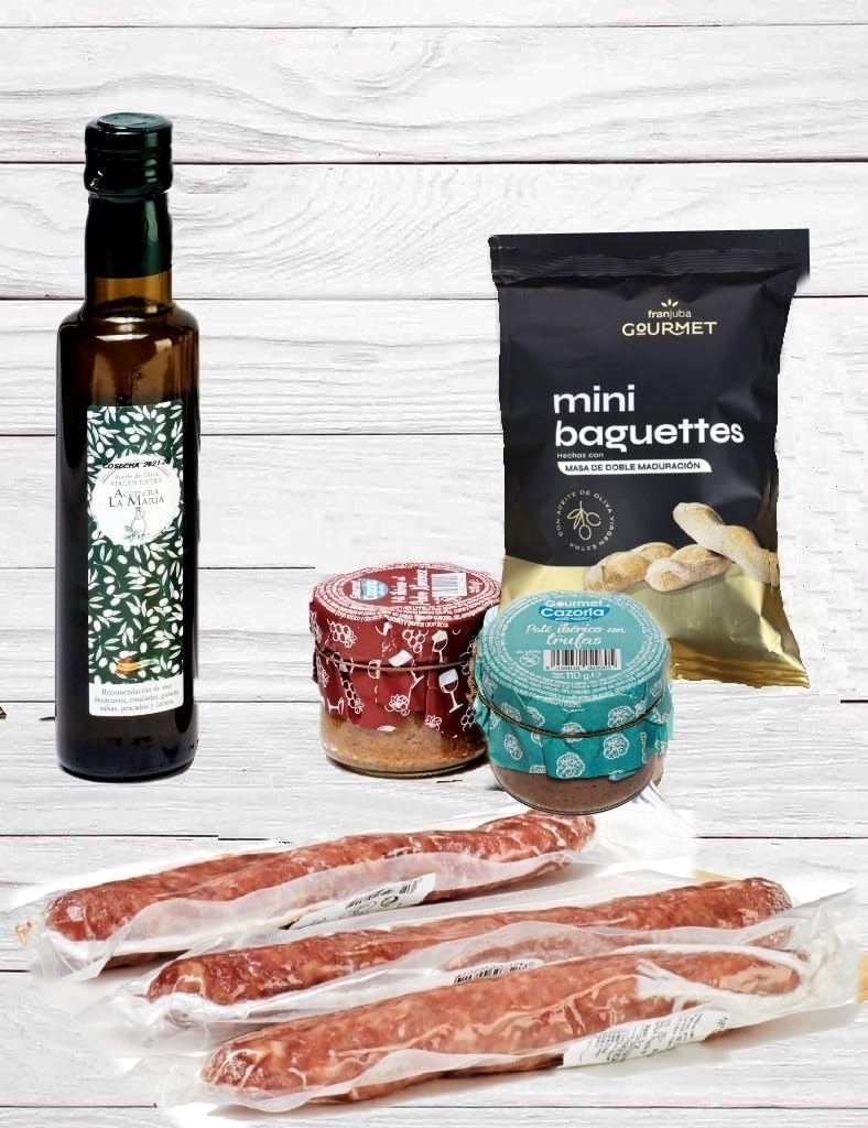 Caja Cesta Gourmet Regalo - Lote embutidos Ibericos salchichón chorizo y jamon + Pate Iberico de Trufa y Pedro Ximenez + 3 piezas Fuets +Aceite Oliva Virgen Extra + Picos Artesanos