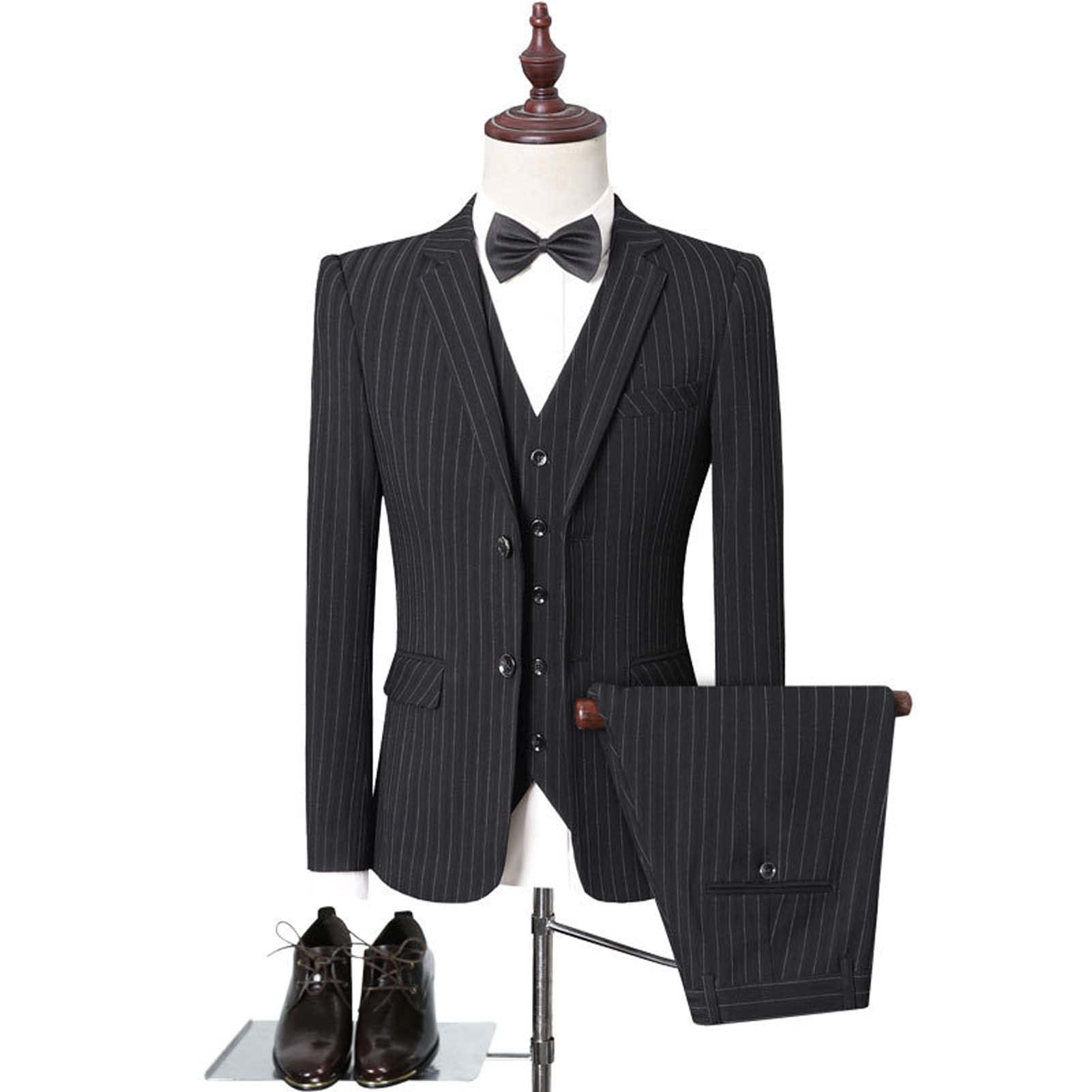 DecorsureMen's 3-Piece 2 Buttons Slim Fit Pinstripe Suit Prom Jacket Wedding Formal Suit