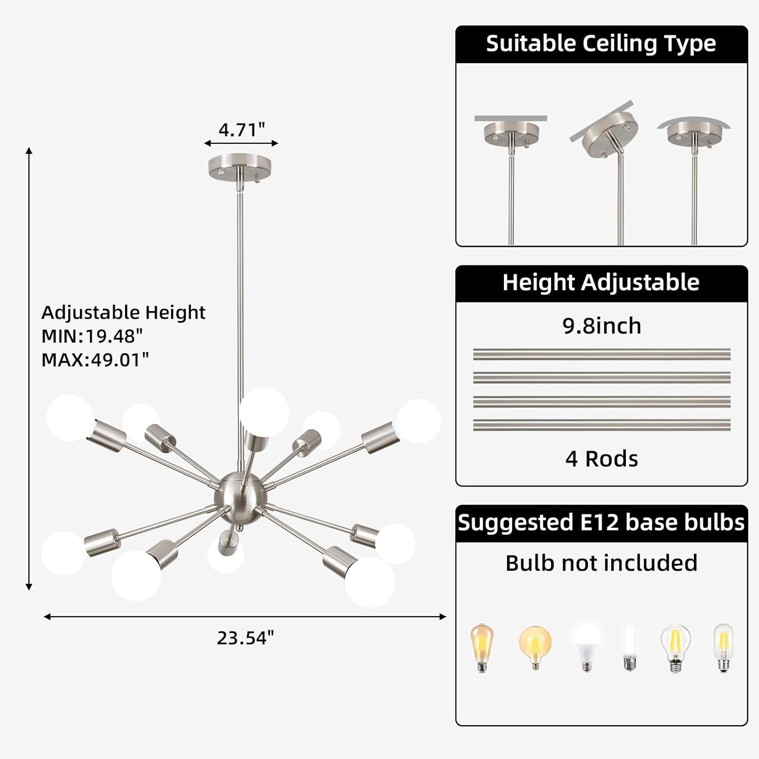 Mid Century Modern Sputnik Chandeliers,10 Lights Sputnik Ceiling Light Fixture Modern Brushed Nickel Chandeliers for Dining Room Silver Chandelier Light Fixture for Kitchen Living Room Bedroom