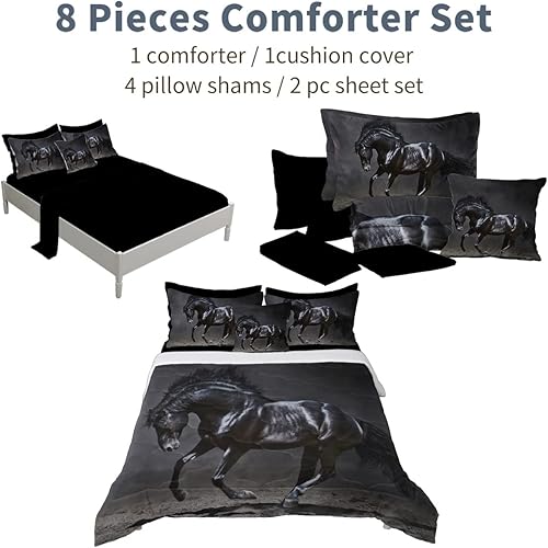 Miniatura 4 de Juego de edredón de caballo al galope, ropa de cama suave tamaño Queen, juego de edredón de 8 piezas con sábanas, fundas de almohada, almohada