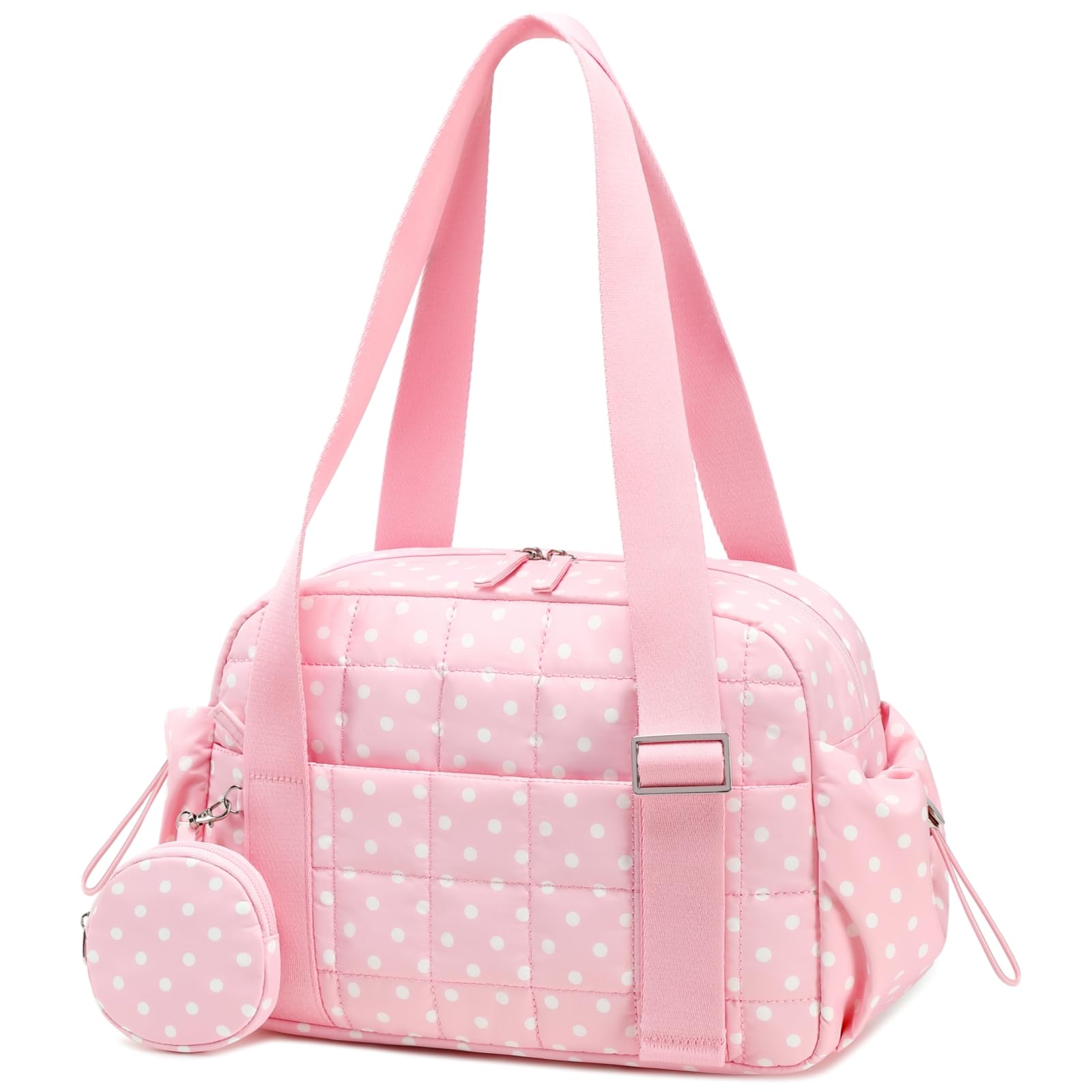 CAMTOP Mini Gym Bag for Women, Small Gym Tote Bag Puffy Quilted Sports Duffel Bag with Wet Compartment and Coin Purse Duffel Bags Dance Yoga Workout Bag for Gifts (Polka Dot Pink, Mini-12.6")