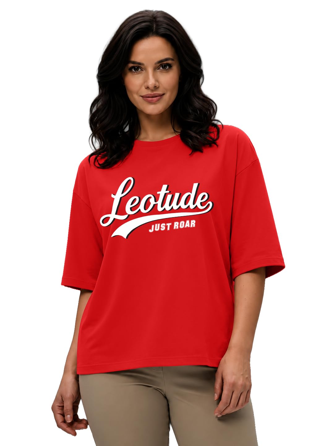 leotude Women's Oversized Fit Half Sleeve Round Neck T-Shirt | Casual wear | Streetwear | Oversized Tshirt for Woman Cotton| Baggy (Color: Red)-picture-16
