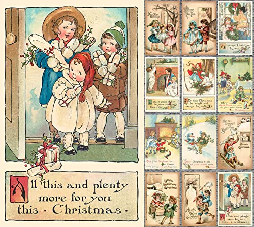 Image of PIXILUV CHRISTMAS ACITIVITIES (Pack of 12) Notecards Small Greeting Cards # Vintage Children Having Fun with Christmas Cheer ~ Vintage Christmas Postcards Reprint