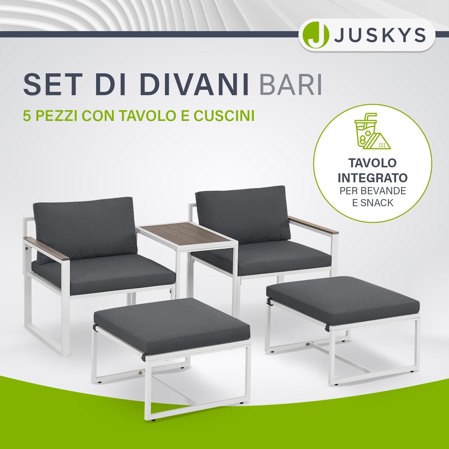 Juskys set di mobili da giardino Bari da 5 pezzi - Set lounge con tavolino e cuscini - Salottino da giardino, terrazzo, aree esterne - Grigio