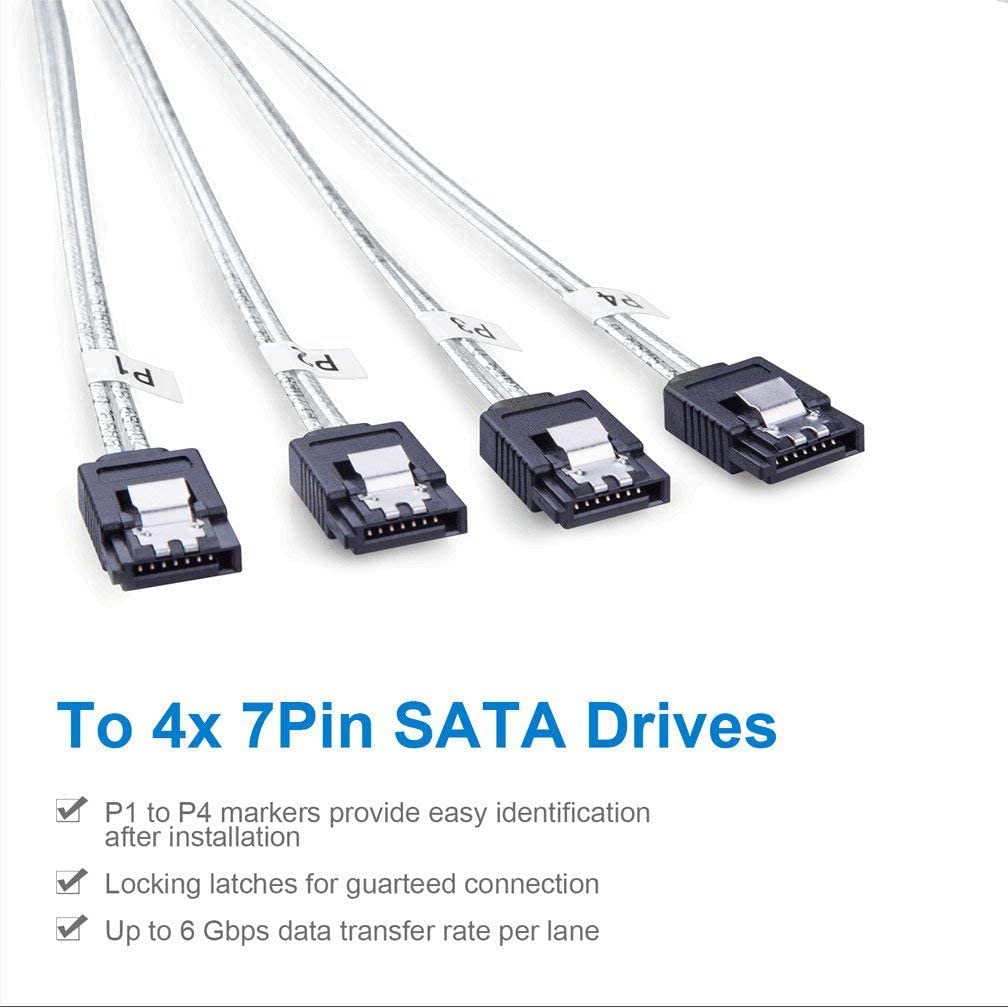 10Gtek® 6G Internal Mini SAS 36pin SFF-8087 Male to 4x SATA 7pin Female Fan-Out Forward Breakout Cable with Shrapnel, 0.8-Meter(2.64-ft)