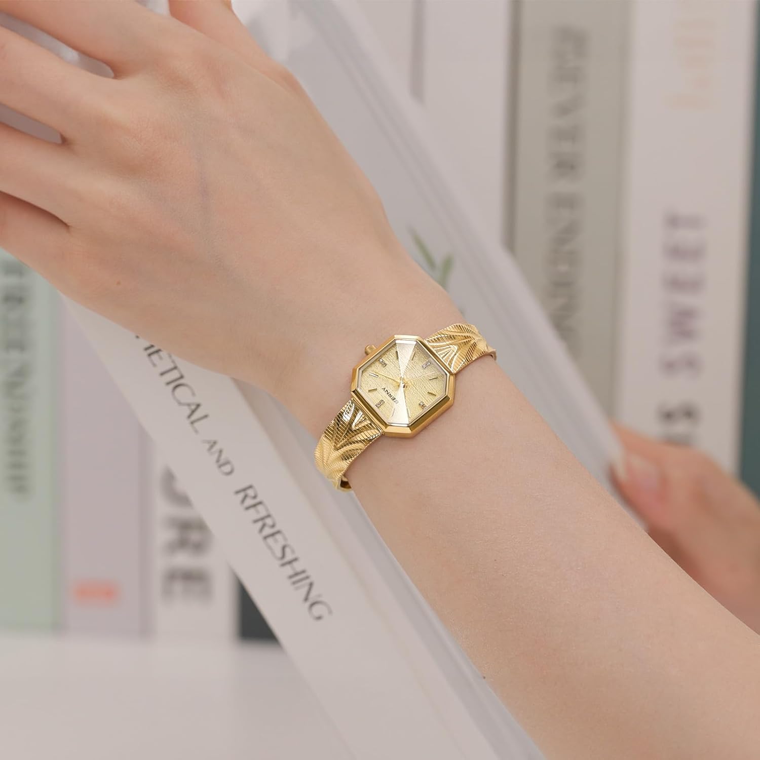 BERNY Vintage Gold Watches for Women, Octagonal Dainty Women's Wrist Watch, Ladies Analog Quartz Watches for Small Wrists, Waterproof All Stainless Steel Sunray Dial Luxury Birthday Present - Image 8