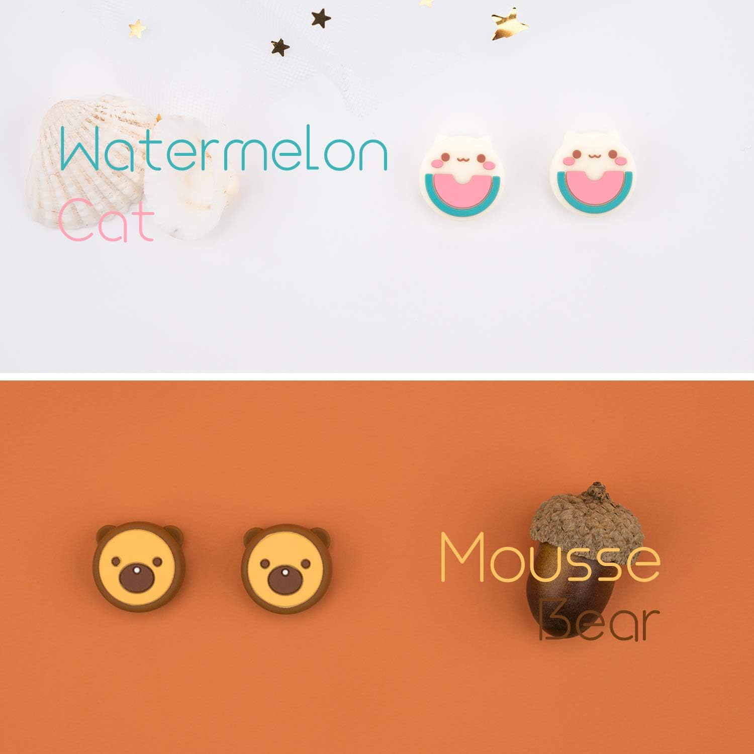 GeekShare 4PCS Cute Animal Theme Thumb Grip Caps,Soft Silicone Joystick Cover Compatible with Nintendo Switch /OLED/ Switch Lite -- Watermelon Cat and Mousse Bear