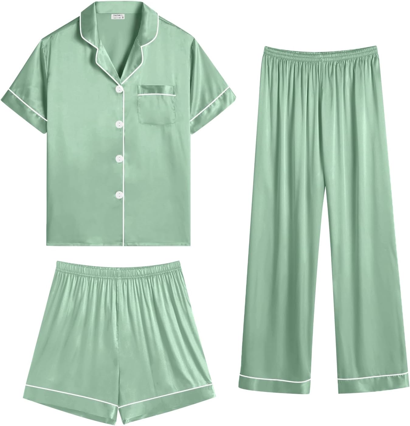 SWOMOG Womens Silk Satin Pajama Set 3Pcs Short Sleeve