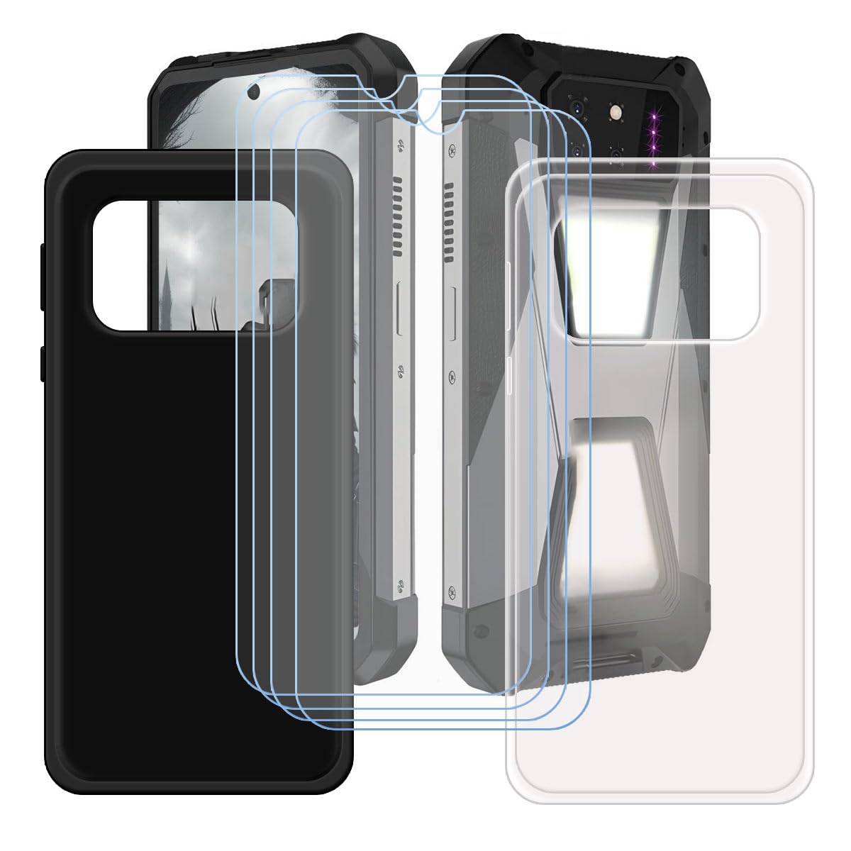 Black + Transparent Cover for Unihertz 8849 Tank 3S + [4 Pack] HD Tempered Glass, Silicone Shell TPU Protective Back Case - Scratch Screen Protector for Unihertz 8849 Tank 3S (6,79")