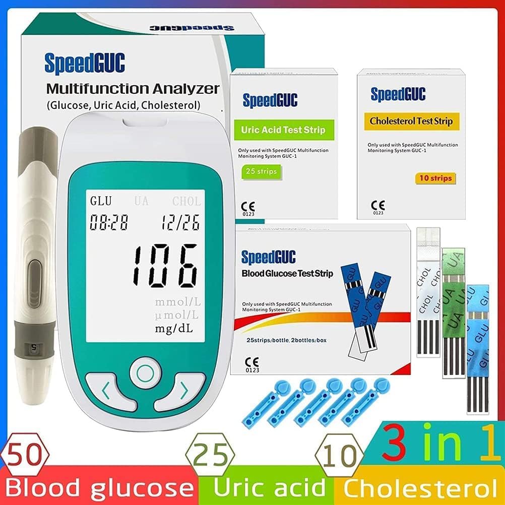3-in-1 Blood Glucose Test Analyzer, Multifunction Tester, Glucose Uric Acid Total Cholesterol Tester, with 50 Blood Sugar +25 Uric Acid +10 Cholesterol Test Strip