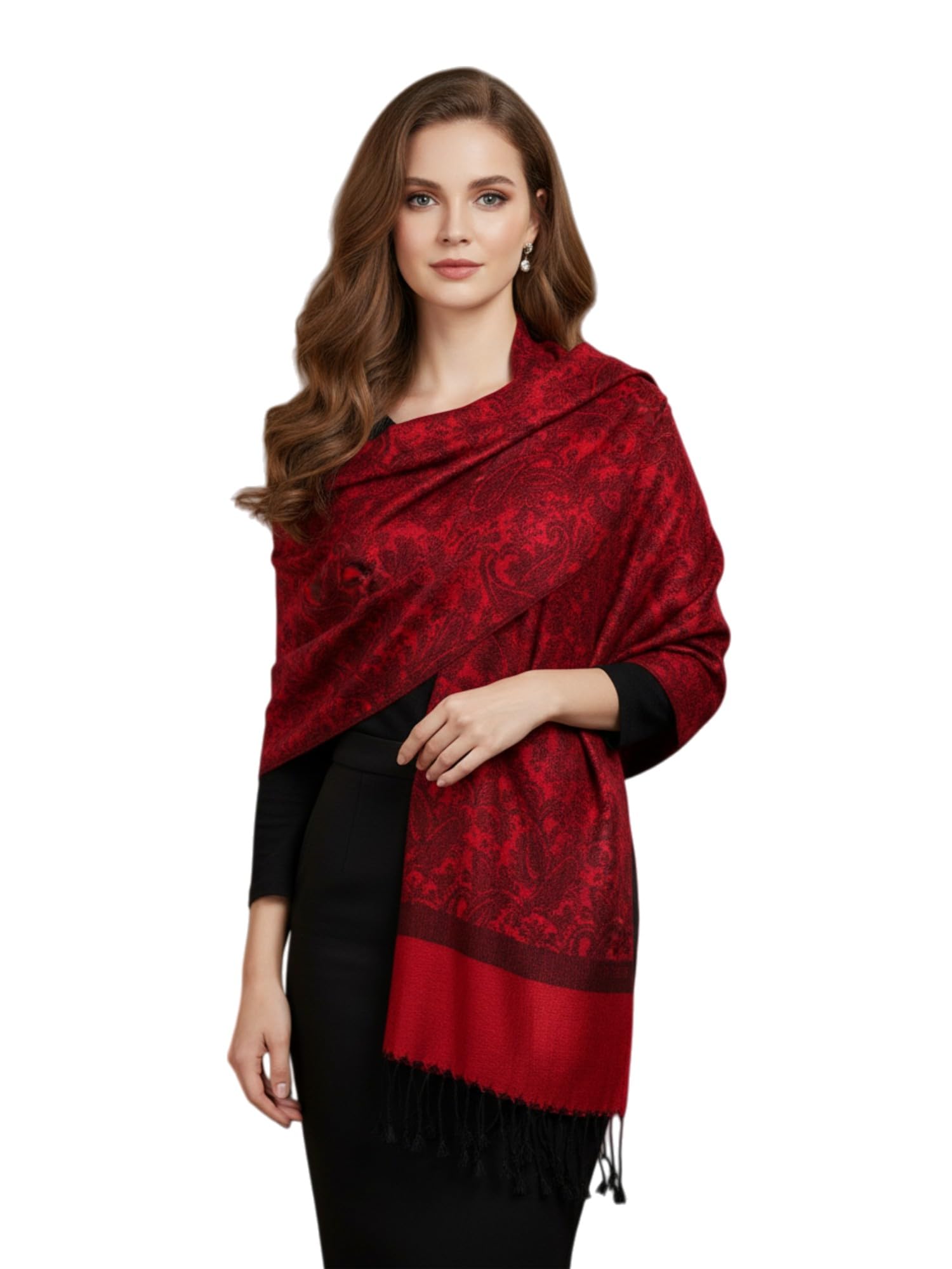 PASKMLNA Paisley Jacquard Pashmina Shawl Wrap Scarf Stole, Red Black, Large