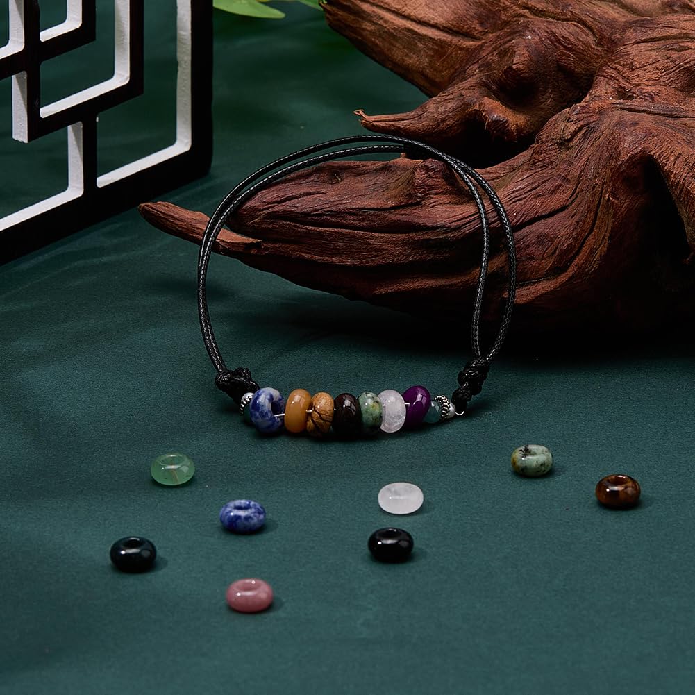 DICOSMETIC 24 cuentas de piedra natural de 12 estilos, grandes agujeros, cuentas de piedra a granel, 10 x 5 mm, ágata india, cuarzo rosa, cuentas redondas europeas para pulsera, collar, fabricación de