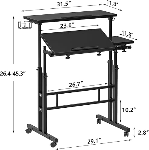Miniatura 3 de DlandHome Escritorio de pie de altura ajustable, escritorio de pie con soporte para tazas, escritorio móvil para laptop, carrito de escritorio para
