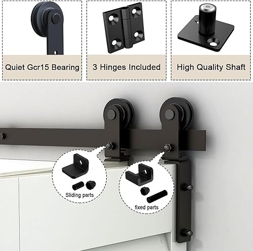 Miniatura 6 de Kit de herrajes para puerta de granero plegable de 42 pulgadas, kit de rodillos de alta resistencia de 3.5 pies para puertas de 19 x 2 puertas,