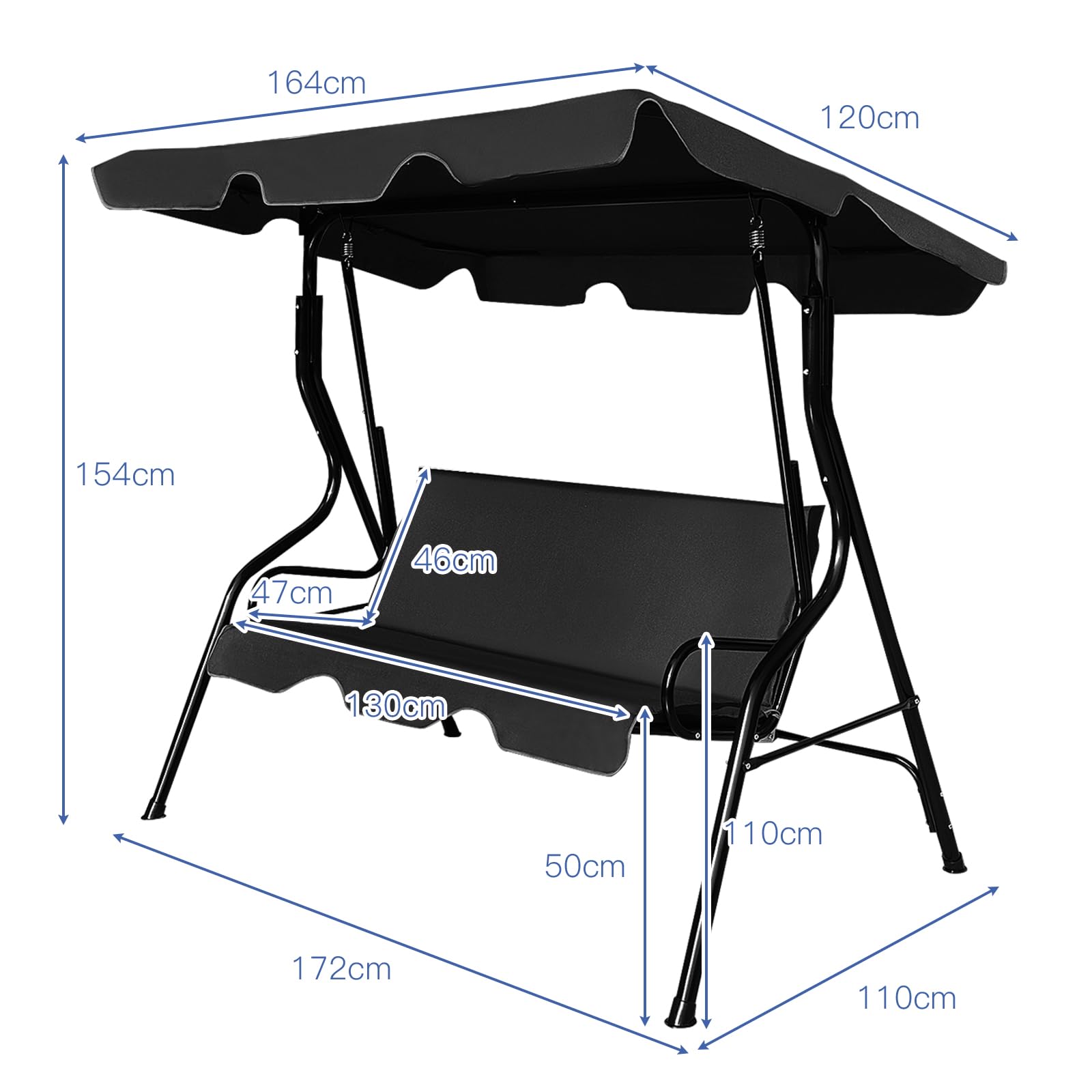 KOMFOTTEU Dondolo da Giardino 3 Posti, Dondolo da Esterno in Metallo con Tetto Parasole Regolabile e Schienale, Dondolo da Balcone, per Patio, Terrazzo, Balcone, 172 x 110 x 154 cm (Nero)