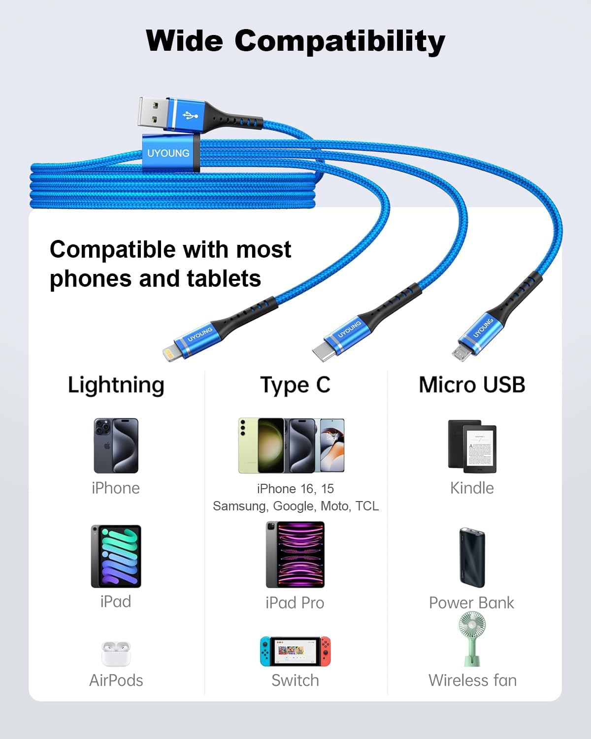 UYOUNG Cable de carga múltiple de 10 pies 3 en 1