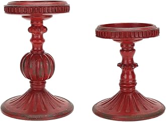 2 Pcs Antique Resin Pillar Candle Holder Sets, Vintage Cylindrical Candlestick Stand Home Decor for Dining, Living Room, Mantel, Table Centerpiece, Retro Red Candleholder Decor