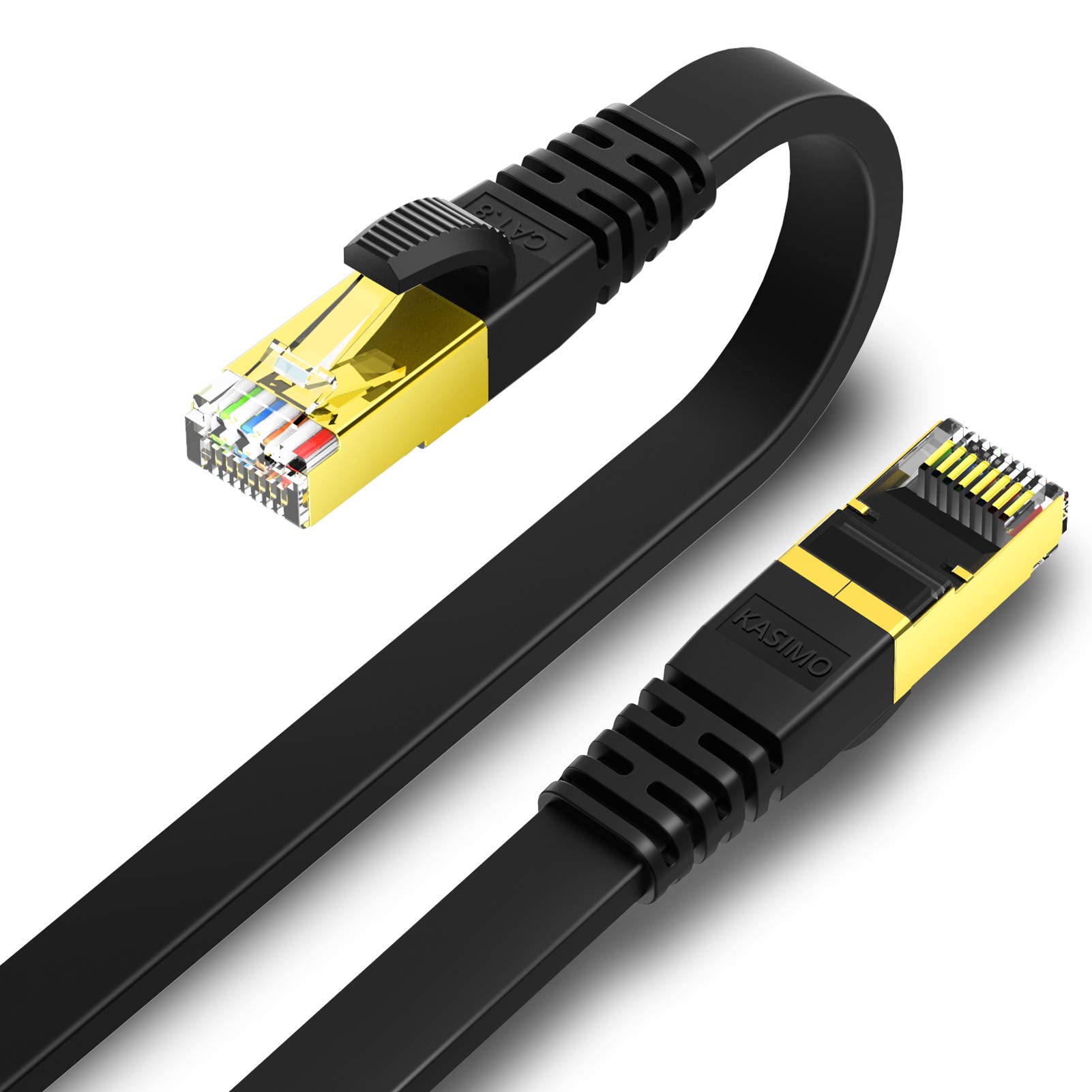 Cat 8 Flat Ethernet Cable 40 ft, KASIMO Cat8 High Speed Flat Internet Network LAN Cable 40Gbps 2000MHz SSTP Network Patch Cord with Gold Plated RJ45 Connector (40ft)