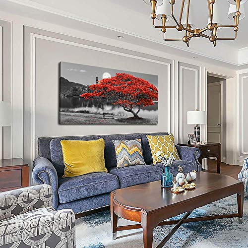 Arjun Tree Landscape Wall Art Canvas Tree Lake Moon Painting Red And Black Scenery Picture, Modern Artwork Large Size Framed For Living Room Bedroom Bathroom Home Office Wall Decor, One Panel 48"X24" #TOP3
