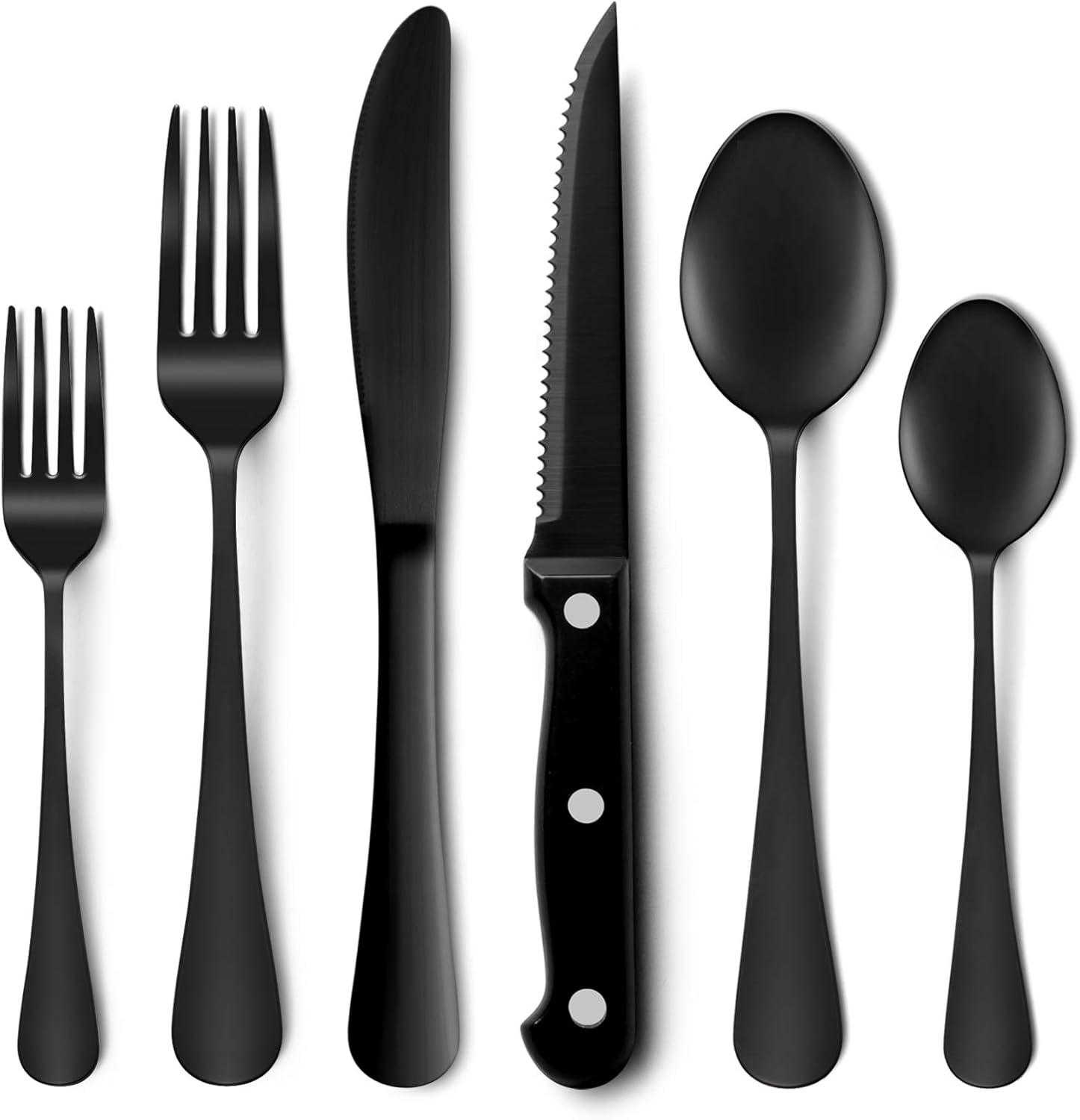 24-Piece Silverware Set with Steak Knives and Serving Utensils, Stainless Steel Flatware Cutlery Set Service for 4, Eating Utensil Include Knife/Fork/Spoon, Black