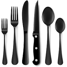 24-Piece Silverware Set with Steak Knives and Serving Utensils, Stainless Steel Flatware Cutlery Set Service for 4, Eating Utensil Include Knife/Fork/Spoon, Black