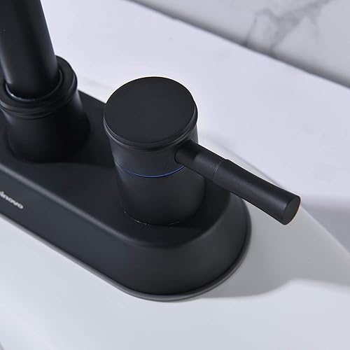 Miniatura 9 de Rainovo - Grifo de baño con desagüe para fregadero emergente, color negro mate, 3 agujeros de acero inoxidable de arco alto, manguera de suministro