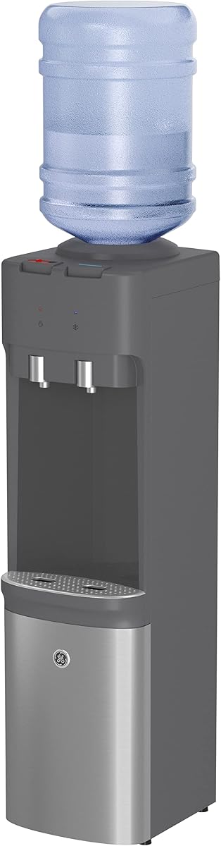 GE Top-Loading Hot and Cold Water Dispenser | 5 Gallon Water Cooler for Home or Office | 2 Temperature Settings | Taller 13" Dispenser Height | Freestanding with LED Night Light| Charcoal