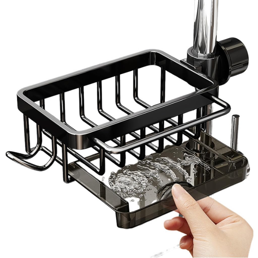 Kitchen Sink Faucet Organizer, Kitchen Caddy Sink Organizer, 2024 New Upgraded Sponge Holder for Kitchen Sink, Sink Caddy Holder with Drip Tray, for 0.7-1.1in (1, Black)
