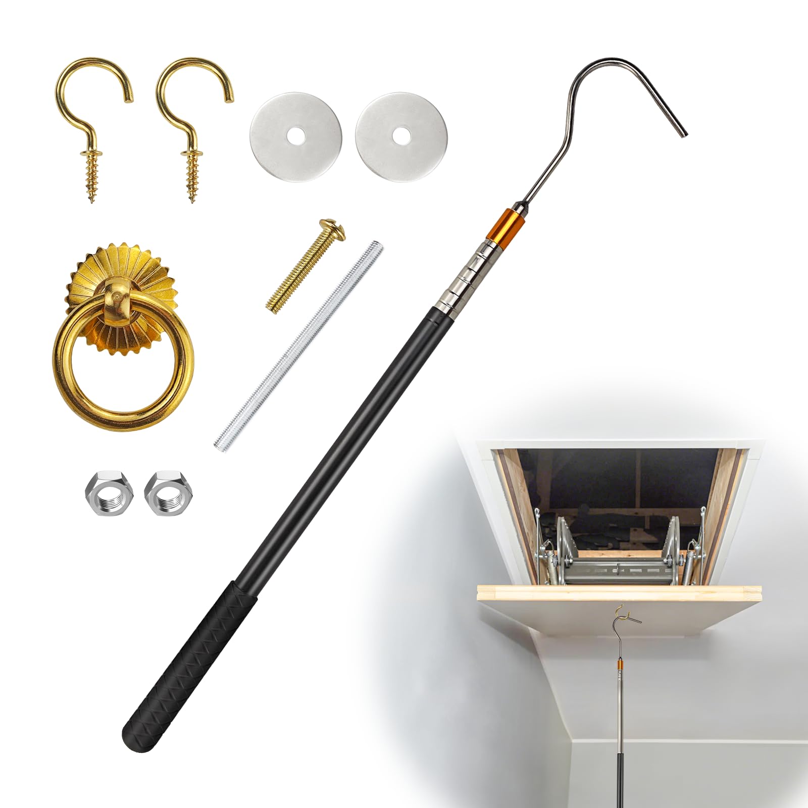 Cmanlnyk Scalable Loft Ladder Pole Kit - Loft Ladder Pole With Hook, Loft Hatch Pole, Attic Ladder Pull Hook Tool, Loft Ladders Pull Down Hook Pole Set For Home Hotel Apartment