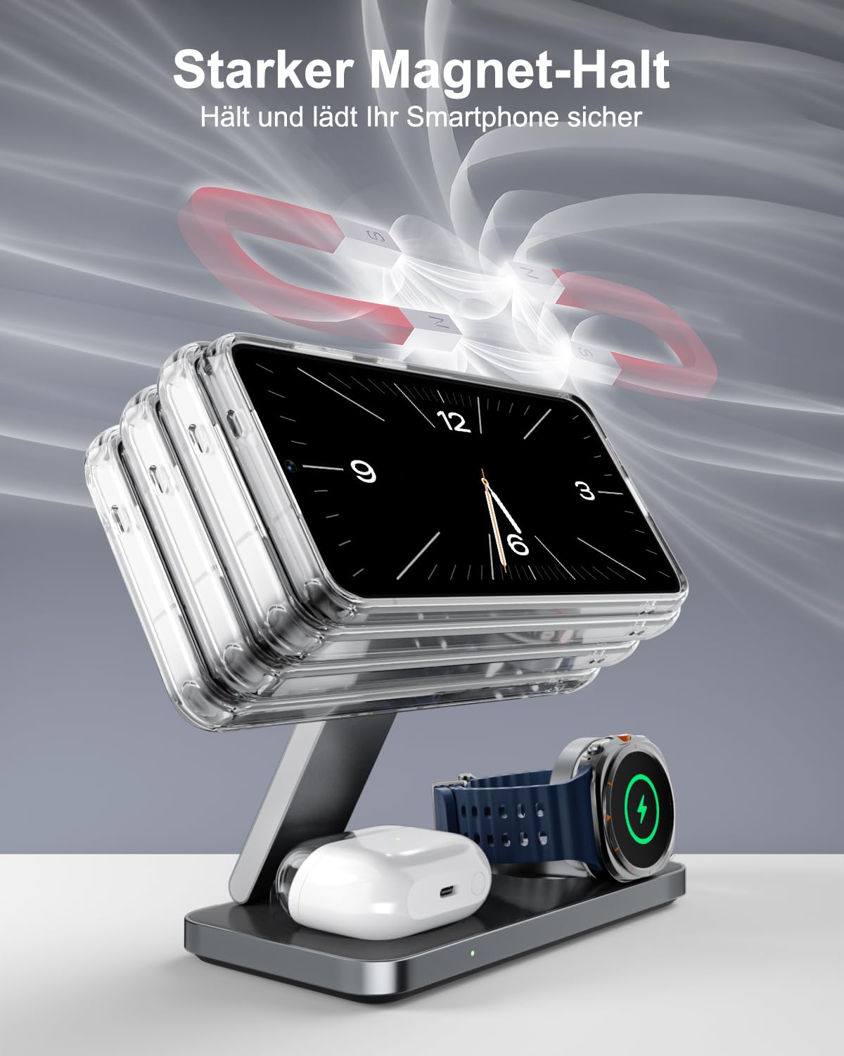 3-in-1-Ladestation 25 W für Samsung, faltbares kabelloses Ladegerät für Galaxy S26/S25/S24/S23/Z Fold/Flip-Serie, Galaxy Watch Ultra/8/7/6/5, Galaxy Buds Pro/3/2, inkl. 35 W Netzteil-Schwarz