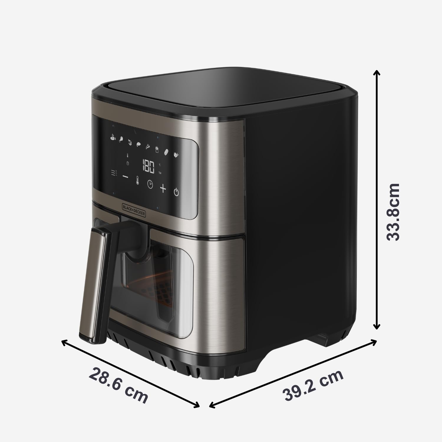 Black+Decker Frytkownica bezolejowa BXAF2501E | 1600 W | 6,5 l | 8 programów | wyświetlacz dotykowy, temperatura 80 – 200 °C, okno sterowania, równomierne gotowanie, minutnik, alarm dźwiękowy