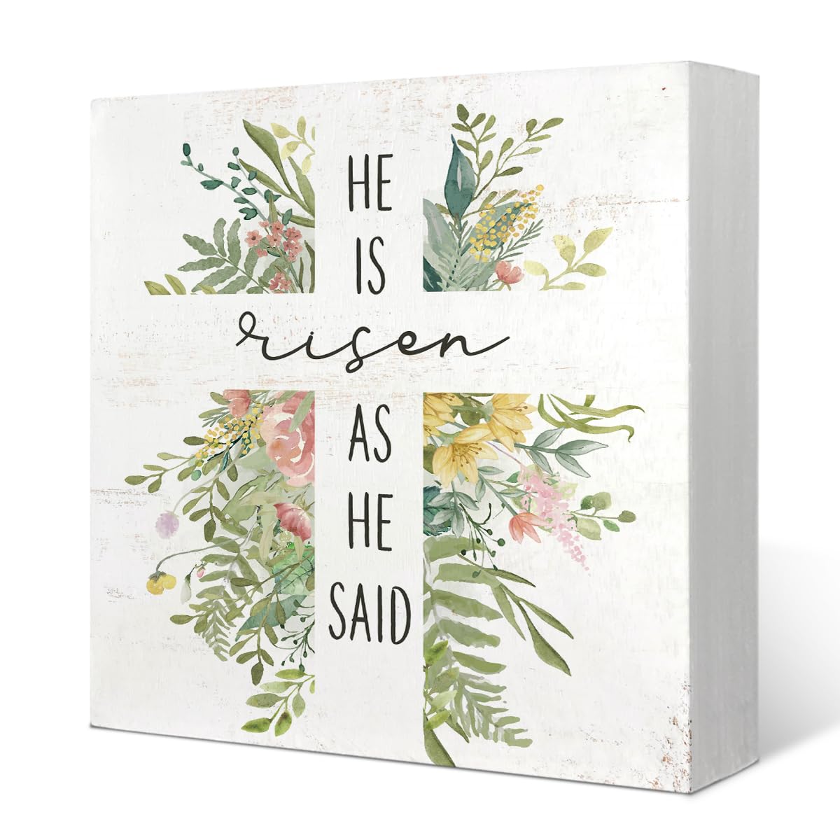 Easter Decor, He Is Risen as He Said Sign,Floral Easter Cross Wooden Box Block Sign Decorative,Easter Decor Wooden Box Sign,Spring Easter Decor for Farmhouse Nursery Desk Shelf Table,5x5 Inch