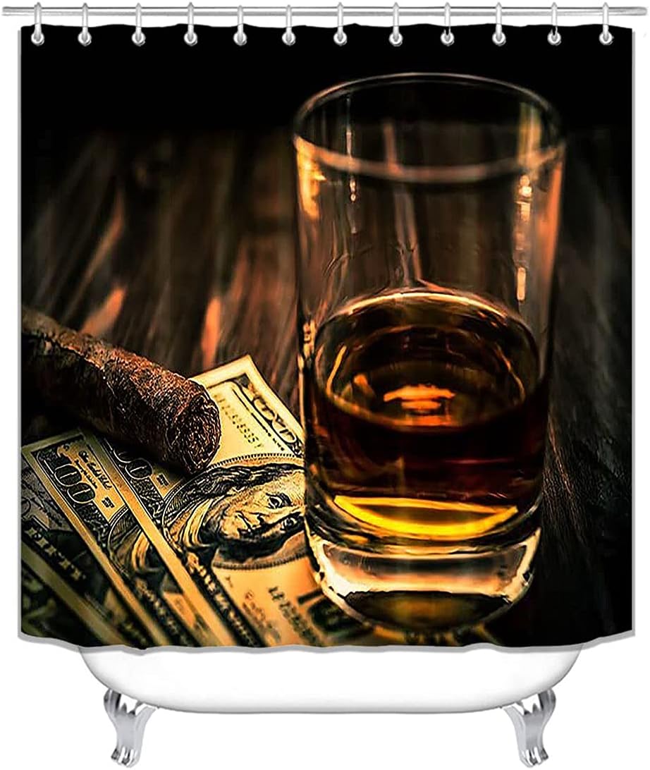 Jayden Madge 4PCS/Set Whisky and Money Fabric Shower Curtain, Vintage 100 Dollar Bill Cigar Glass Winery Modern Art Bathroom Decor, Waterproof Bath Curtain, Non-Slip Bath Rugs Toilet Mat, Brown Table