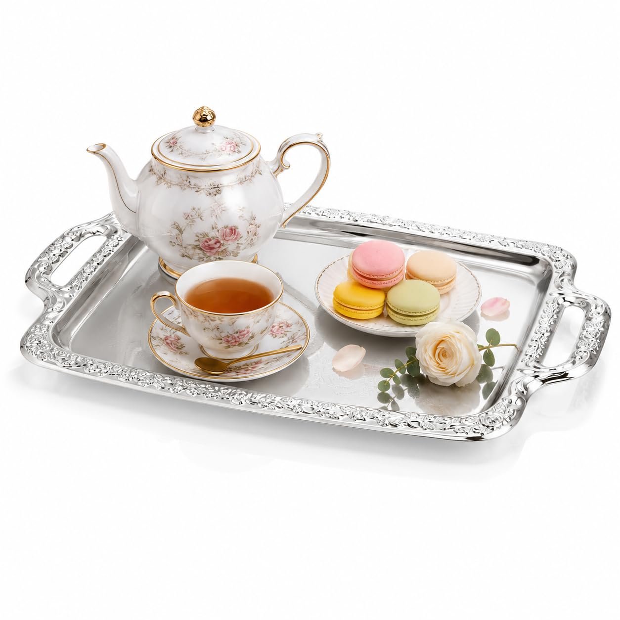 NUOBESTY Silver-Tone Serving Tray, Vintage Metal Platter, 39 x 23 cm