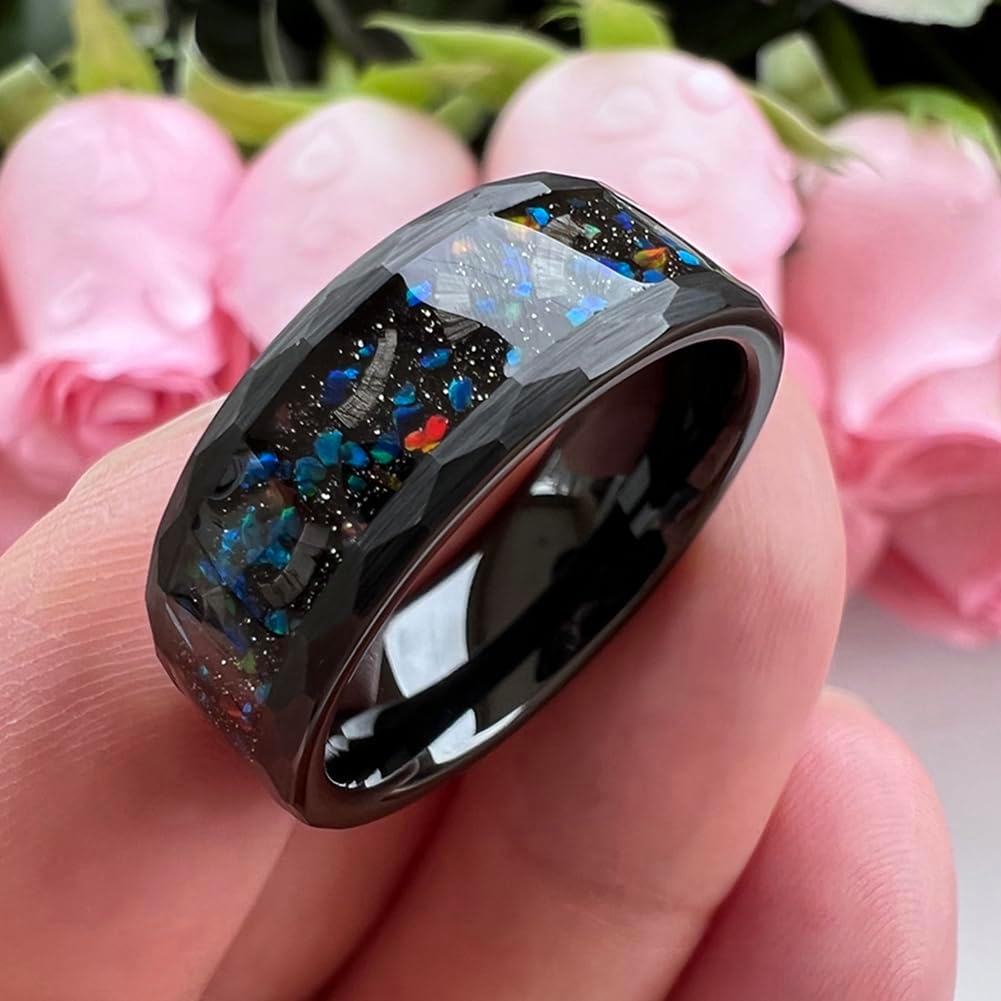 TUTISS 8mm Hammered Tungsten Rings for Men Women Engagement Wedding Bands Geunine Opal Meteorite Inlay Matte Finish Comfort Fit