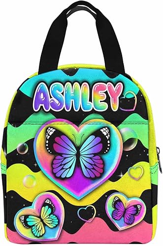 Miniatura 2 de Bolsa de almuerzo personalizada con nombre para niños, bolsa de picnic con cremallera de burbujas de mariposa personalizada a rayas, bolsa