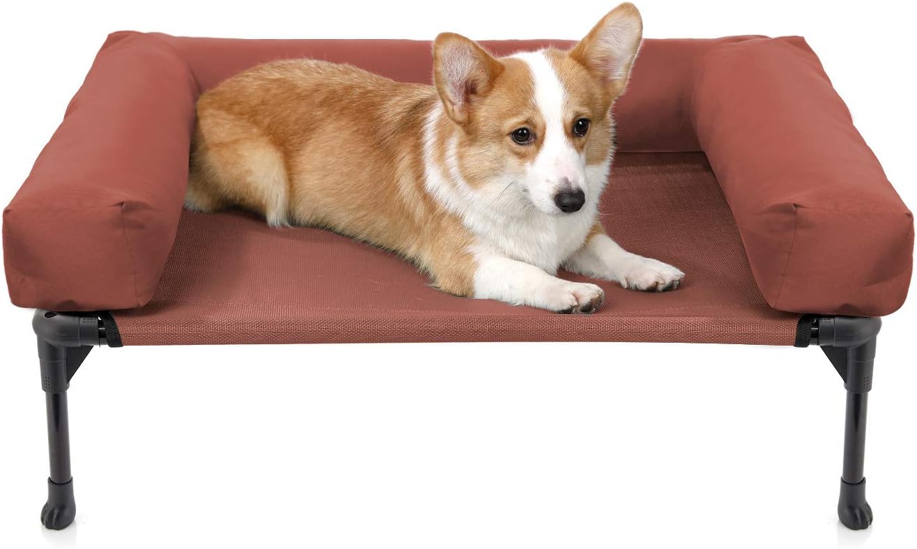 Veehoo Bolster Elevated Dog Bed – Cooling Raised Pet Bed Chew Proof Textilene Mesh, Durable and Washable Pet Cot, Medium, Orange Red
