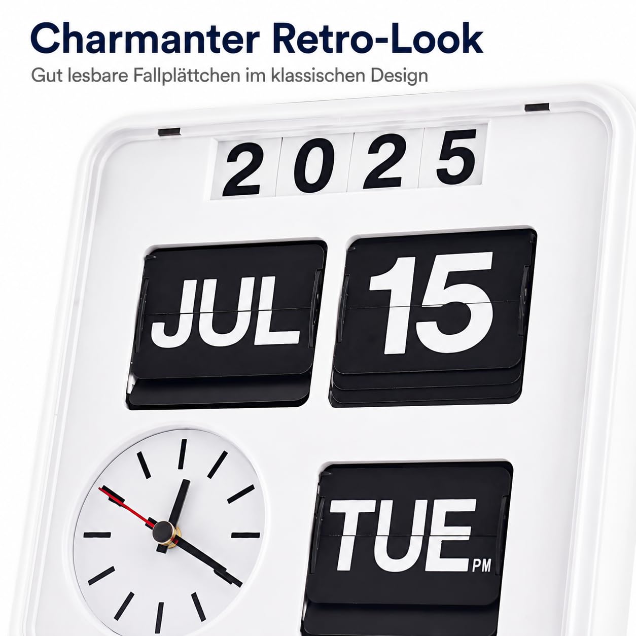 Eurotime 80005-00 Retro Tisch- & Wanduhr mit Voll-Datumsanzeige inkl. Jahr, Quarzuhr im Klappkarten-Design, automatischer Monatswechsel, 18 x 18 x 7,5 cm, Weiß
