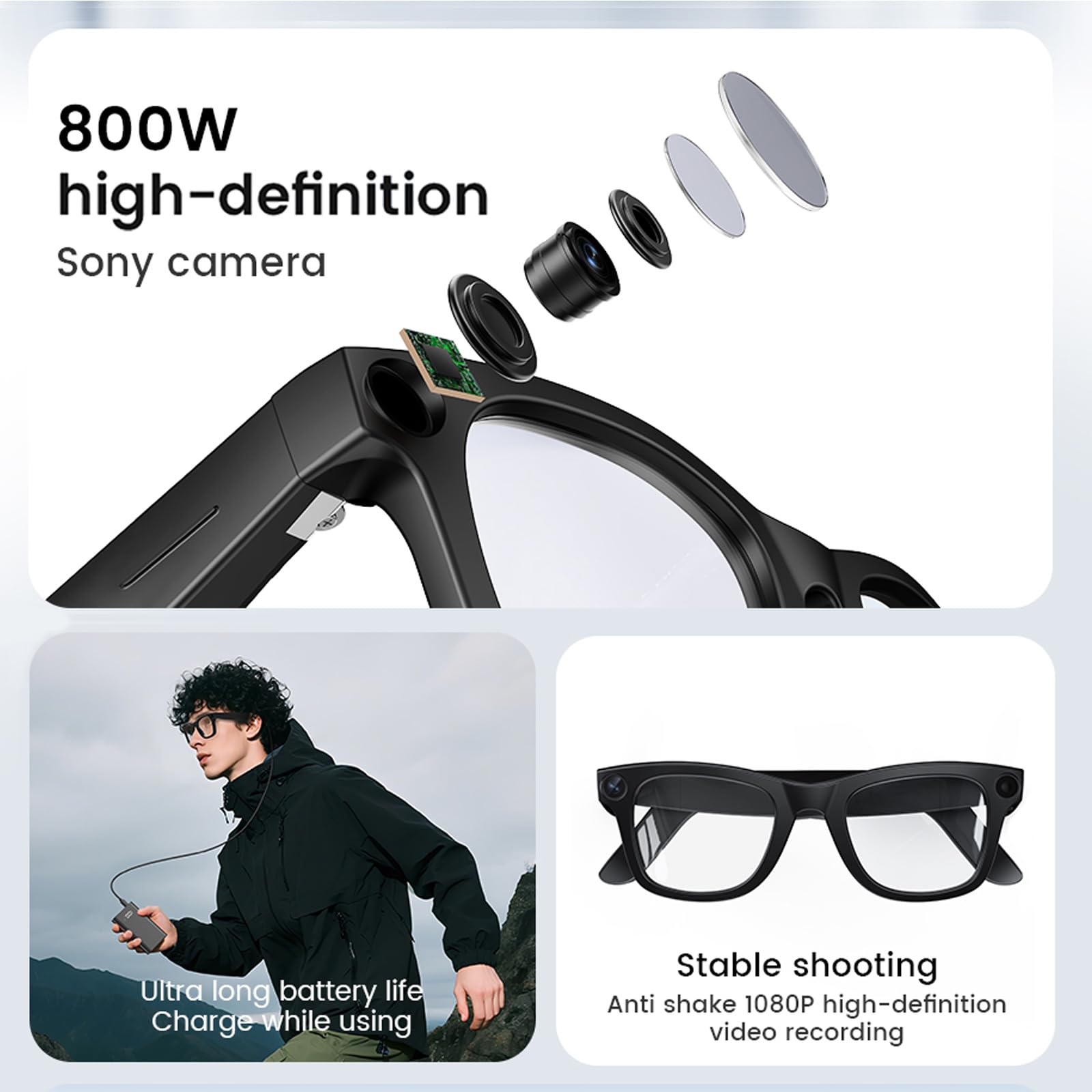AI Smart Glasses Occhiali con fotocamera HD 1018P Fotocamera Sportiva Microfono Riproduzione Musica Traduzione Piccola Fotocamera Bluetooth Occhiali da Sole Video Occhiali Da Bicicletta Action Cam