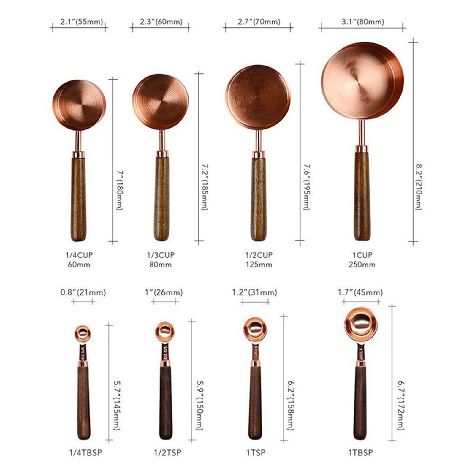 Messbecher- und Löffel-Set, Walnuss-Griff, Edelstahl, plattiertes Kupfer, Metall, Messschaufel, Backset, Küchenzubehör für Flüssigkeiten und Feststoffe