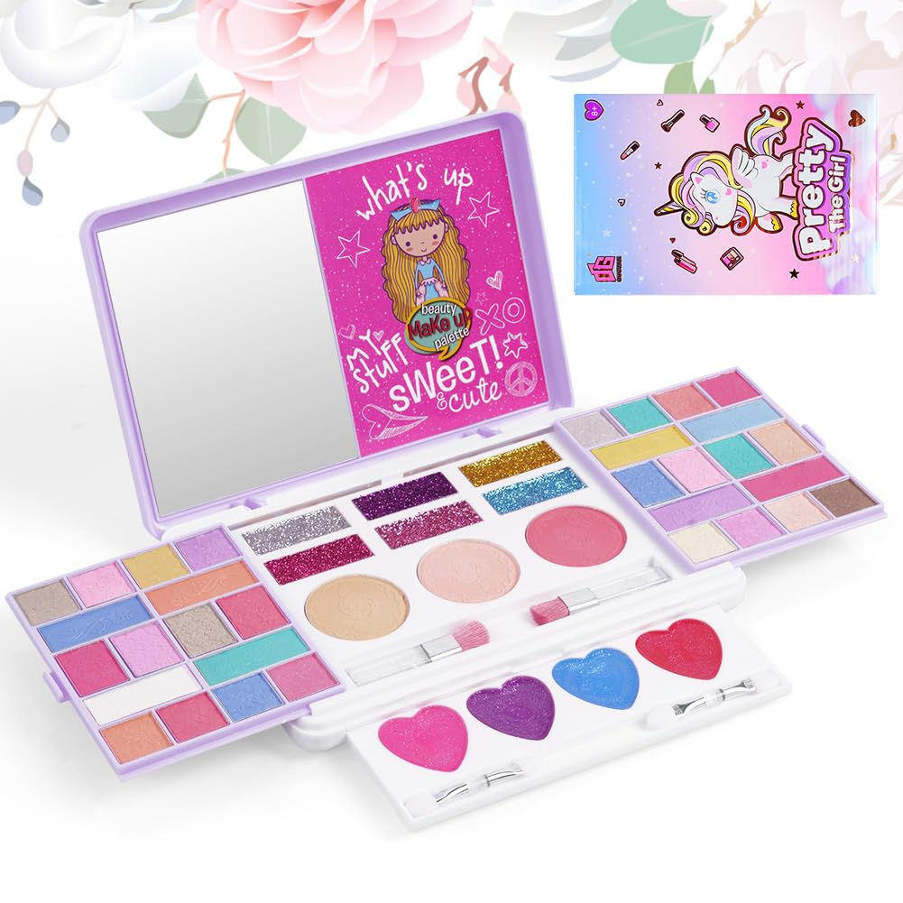 Aomig 43 Colors Kids Makeup Set, Non-Toxic Cosmetics Princess Kit with Brush and Mirror, Washable Toy Sets for Girls - Christmas Halloween Birthday Gift